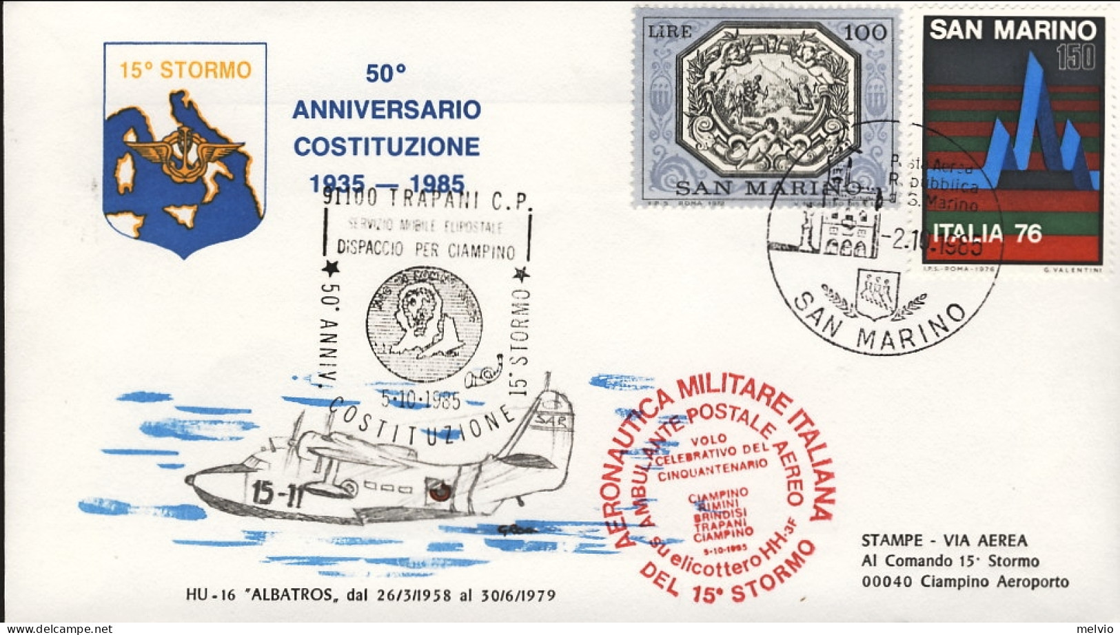San Marino-1985 50^ Anniversario Costituzione Del 15^ Stormo Bollo Rosso A.M.I.  - Corréo Aéreo