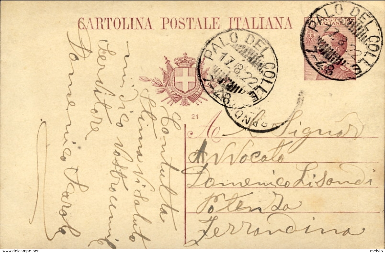 1922-cartolina Postale 25c. Michetti Con Annullo Frazionario Di Palo Del Colle 7 - Stamped Stationery