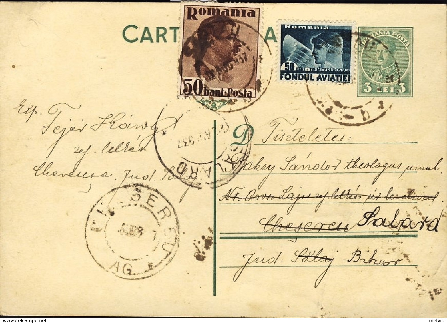 1937-Romania Intero Postale 3 L.con Affrancatura Aggiunta - Andere & Zonder Classificatie