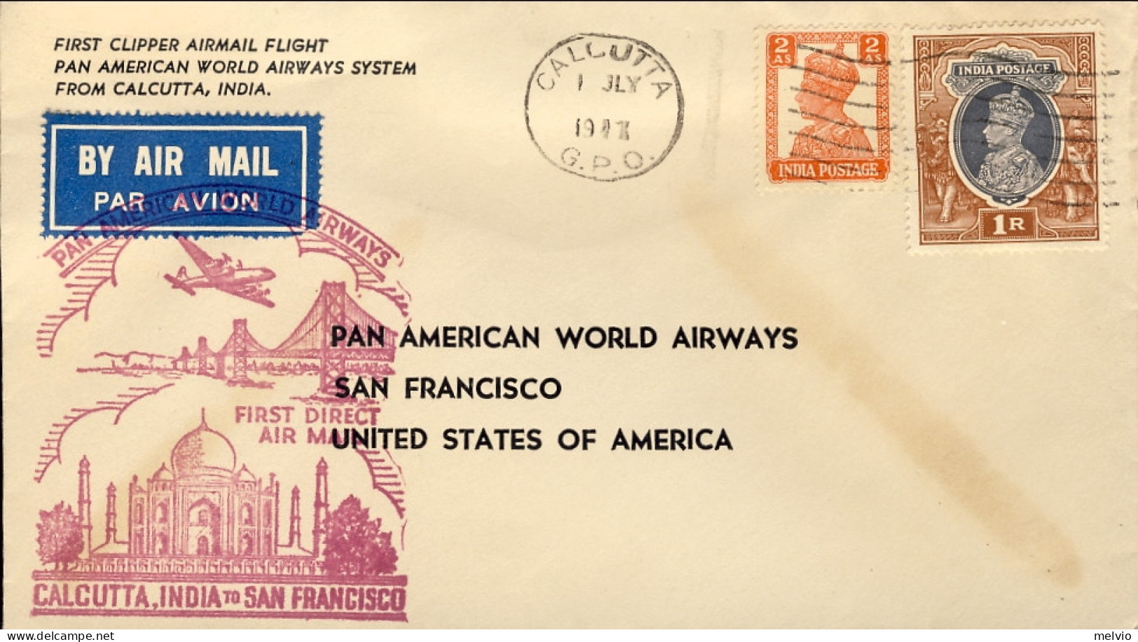 1947-India I^volo Pan American World Airways Calcutta San Francisco - Otros & Sin Clasificación