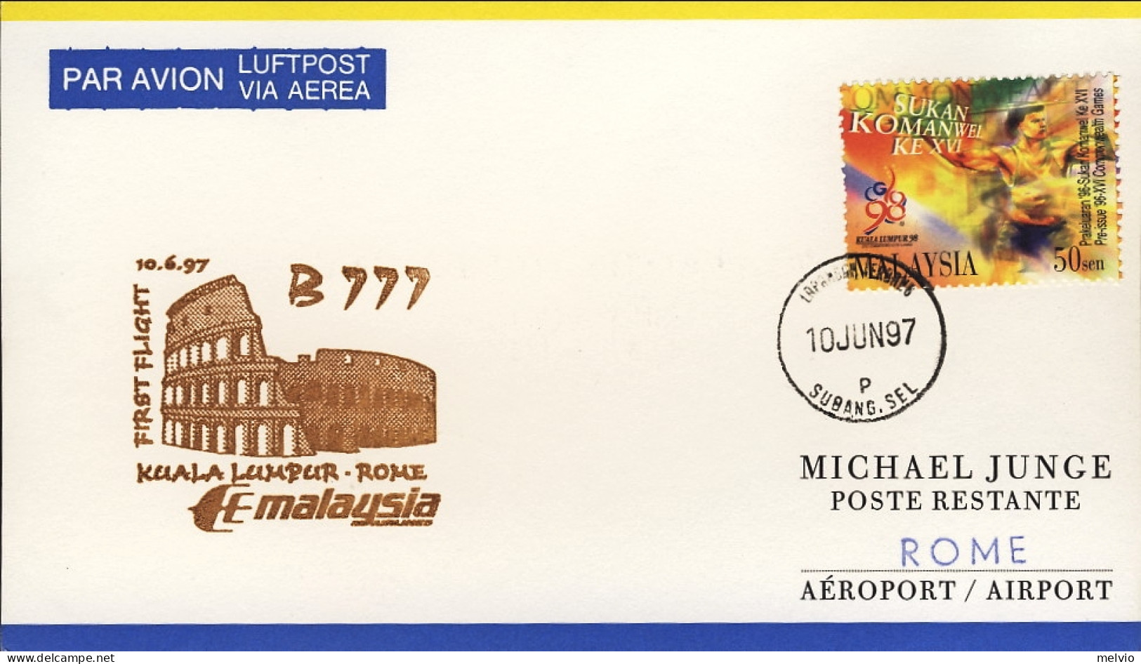 1997-Malaysia Cartolina I^volo Kuala Lumpur Roma Del 10 Giugno - 1991-00: Poststempel