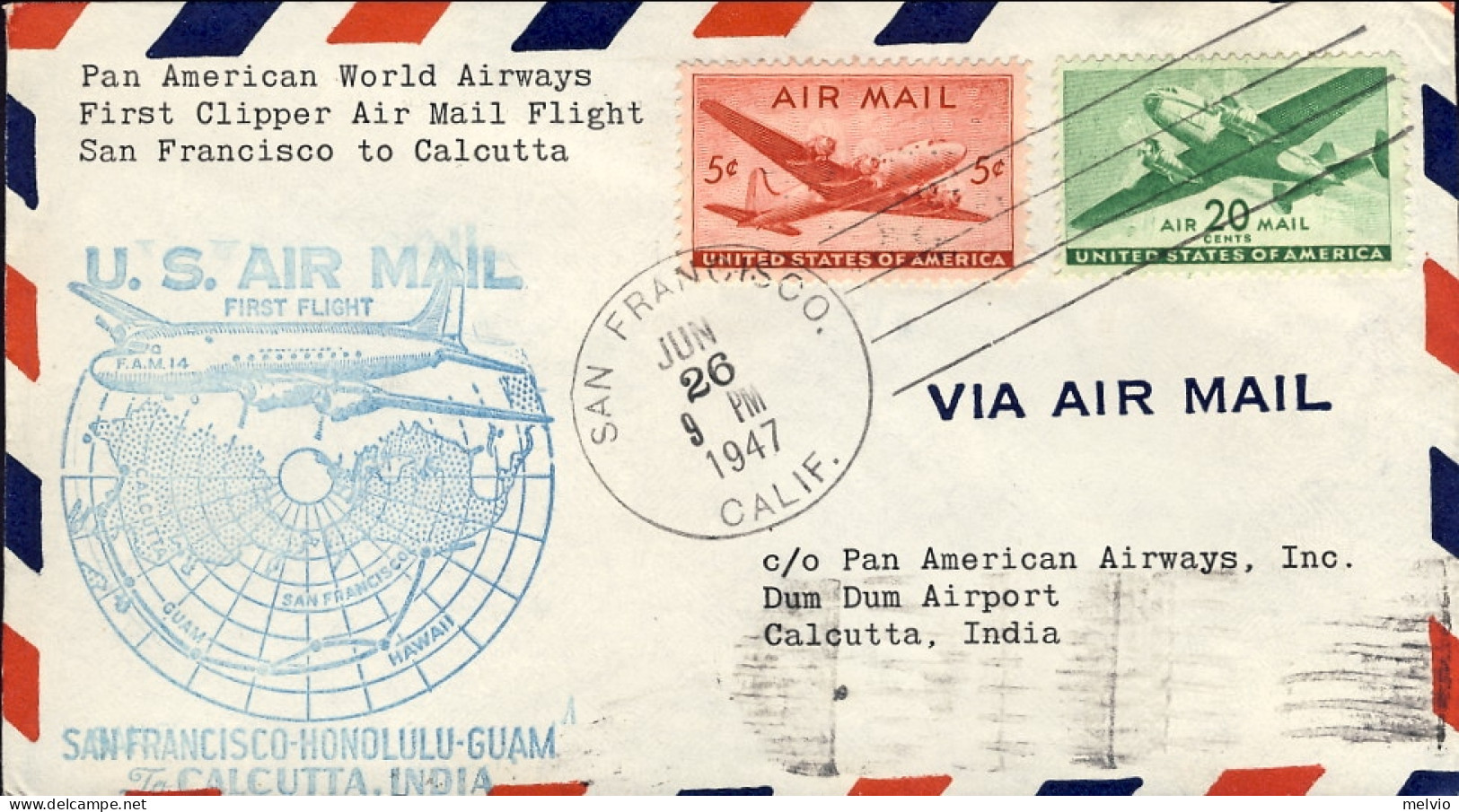 1947-U.S.A. Pan American World Airways I^volo San Francisco Honolulu Guam-Calcut - Autres & Non Classés