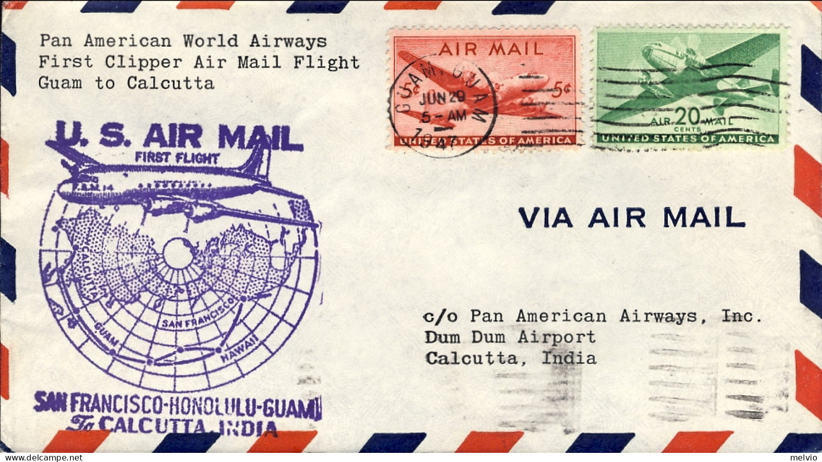 1947-U.S.A. Pan American World Airways I^volo Guam-Calcutta India - Sonstige & Ohne Zuordnung