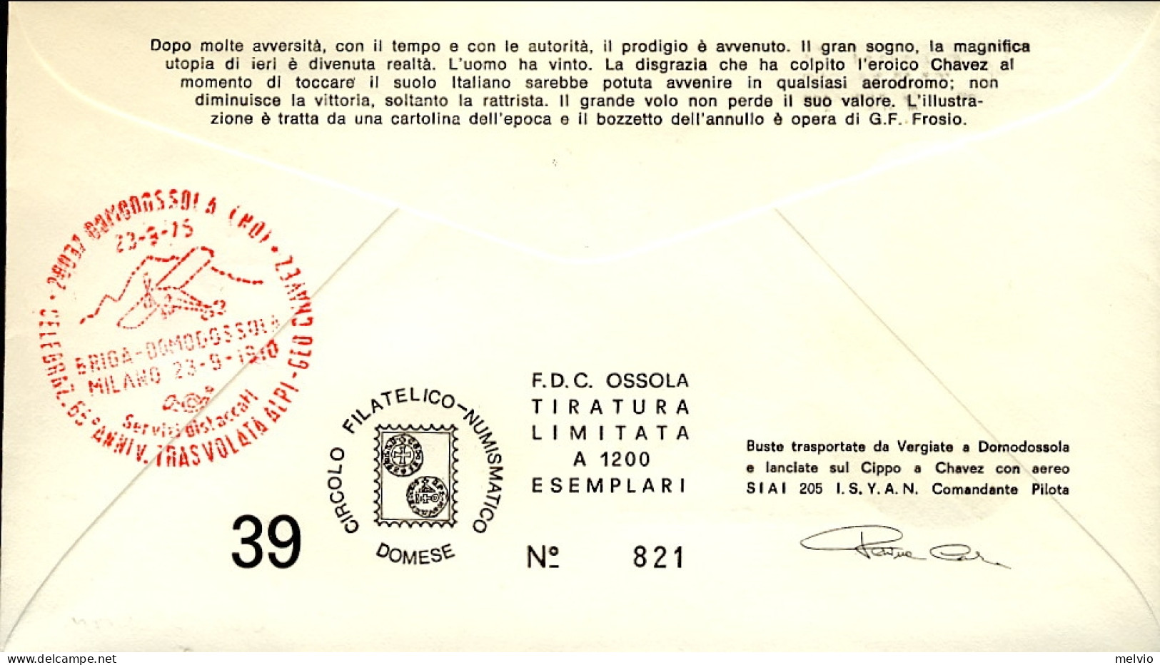 1975-Svizzera Omaggio A Geo Chavez Cachet Briga Domodossola Milano Celebrazioni  - Primeros Vuelos