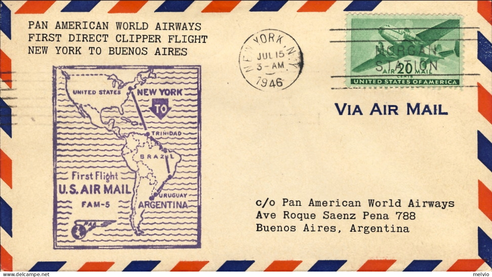 1946-U.S.A. Pan American World Airways I^volo New York Argentina Del 15 Luglio - Altri & Non Classificati