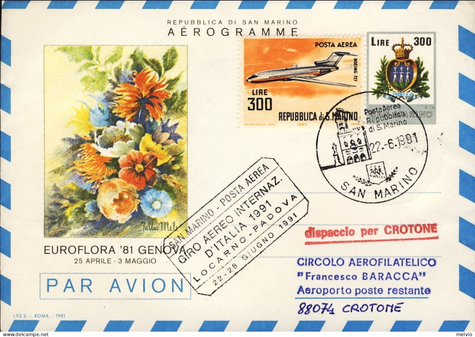 1991-San Marino Intero Postale Per Il Giro Aereo Internazionale D'Italia Locarno - Corréo Aéreo