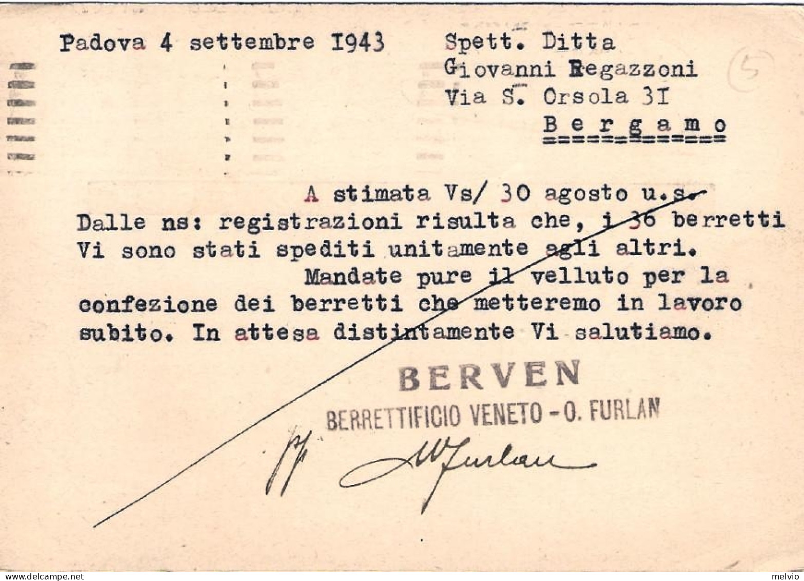 1943-cartolina Con Intestazione Pubblicitaria "Berven Berrettificio Veneto O.Fur - Padova (Padua)