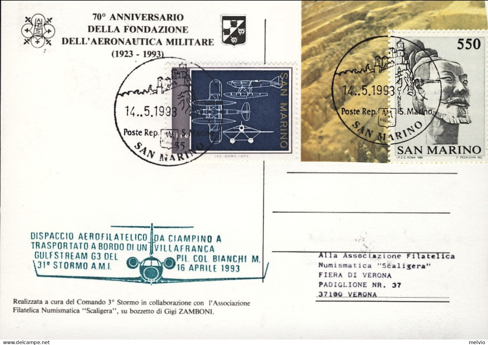 San Marino-1993 Cartolina 70^ Anniversario Della Fondazione Dell'aeronautica Mil - Corréo Aéreo