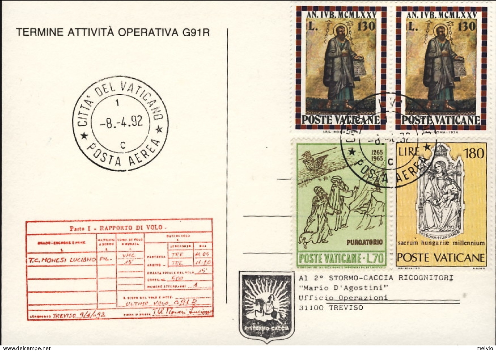 Vaticano-1992  Cartolina Illustrata Termine Attivita' Operativa G 91R Cachet Tre - Aéreo