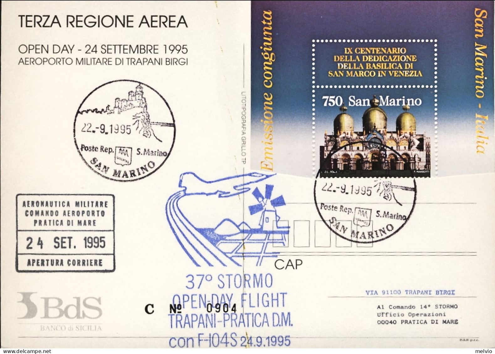 1995-San Marino Cartolina Open Day 3 Regione Aerea 37 Stormo Volo Speciale Con F - Corréo Aéreo