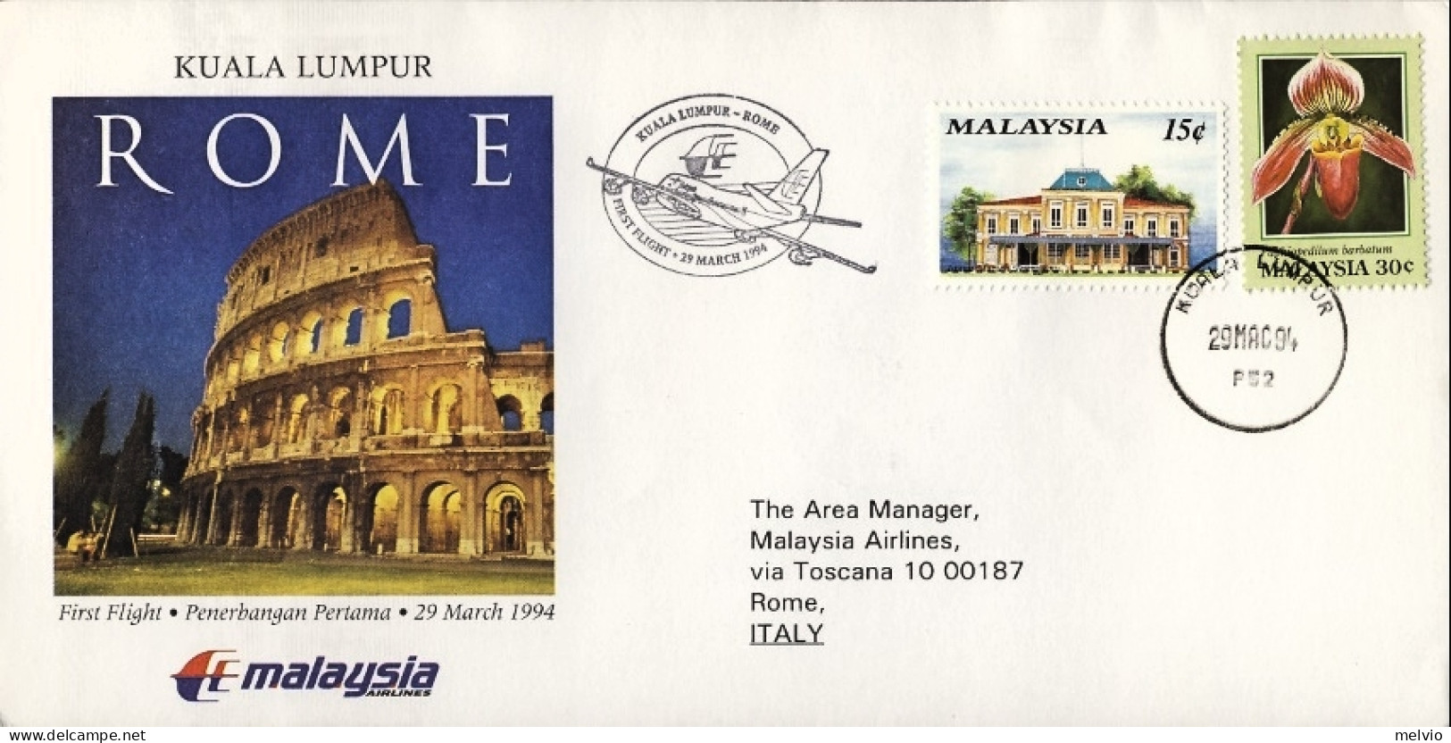 1994-Malaysia I^volo Kuala Lumpur Roma Del 29 Marzo - 1991-00: Marcophilie