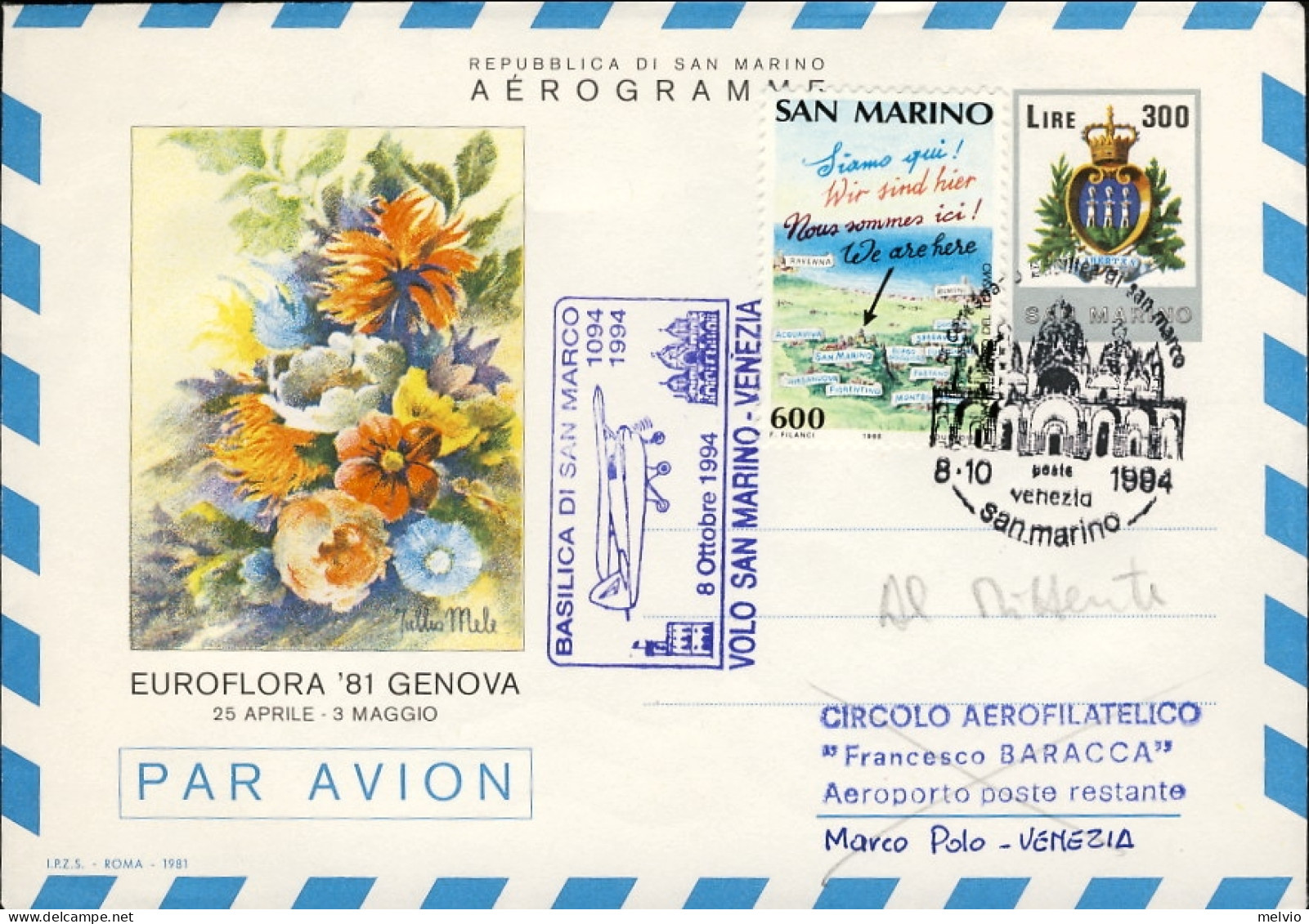 1995-San Marino Volo Speciale San Marino Venezia Dell'8 Ottobre Per I 900 Anni D - Corréo Aéreo