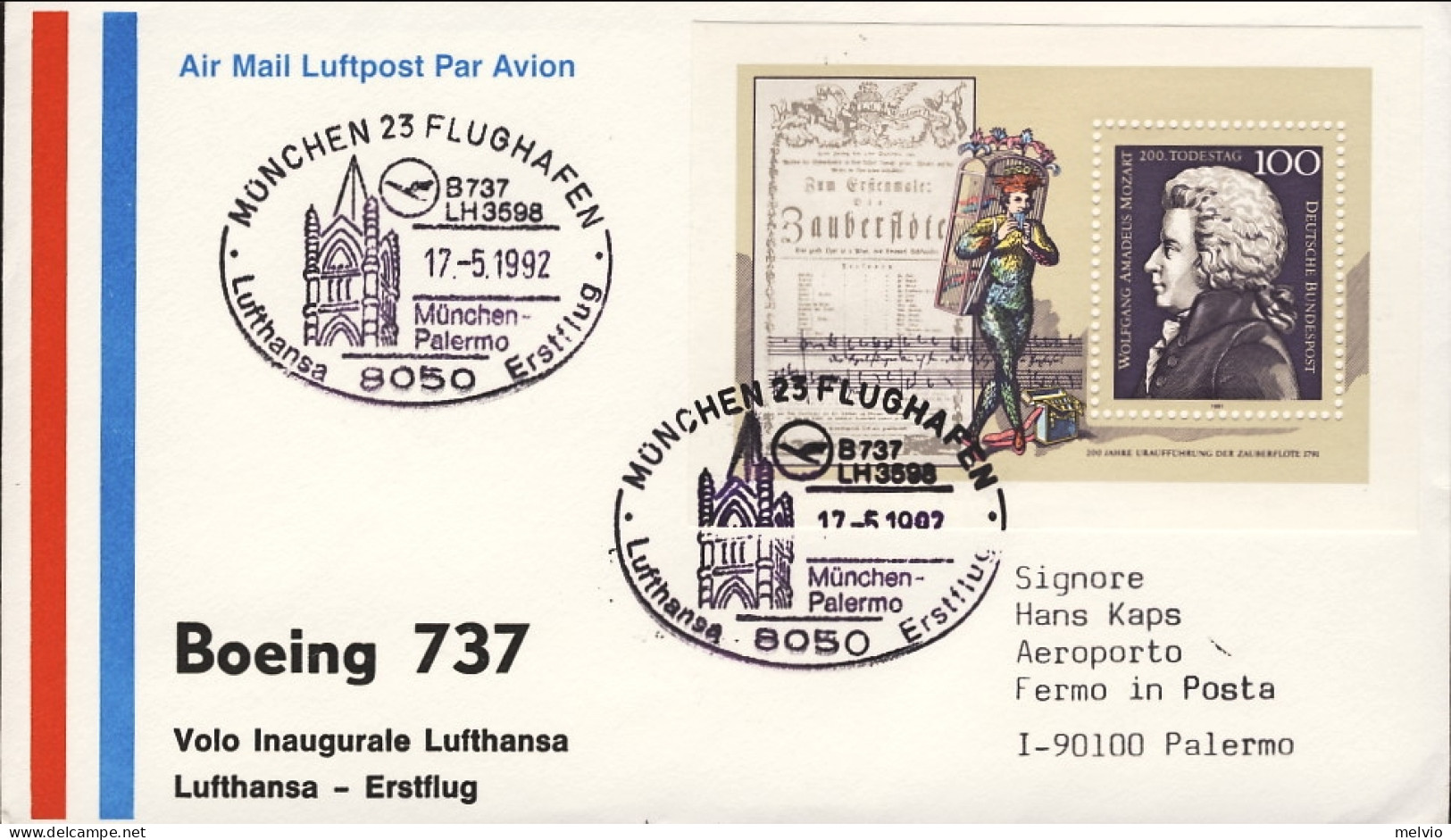1992-Germania I^volo Lufthansa Boeing 737 Monaco Palermo Del 17 Maggio - Lettres & Documents