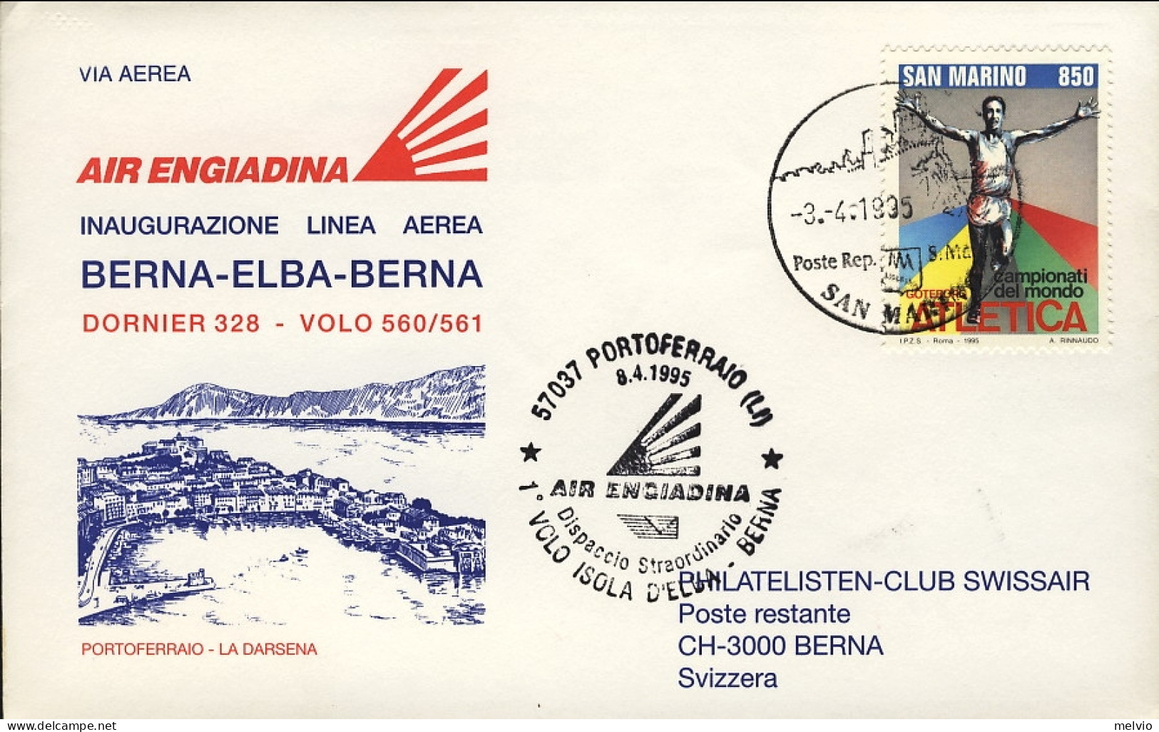 1995-San Marino I^volo Air Engiadina Isola D'Elba Berna Del 4 Aprile - Corréo Aéreo