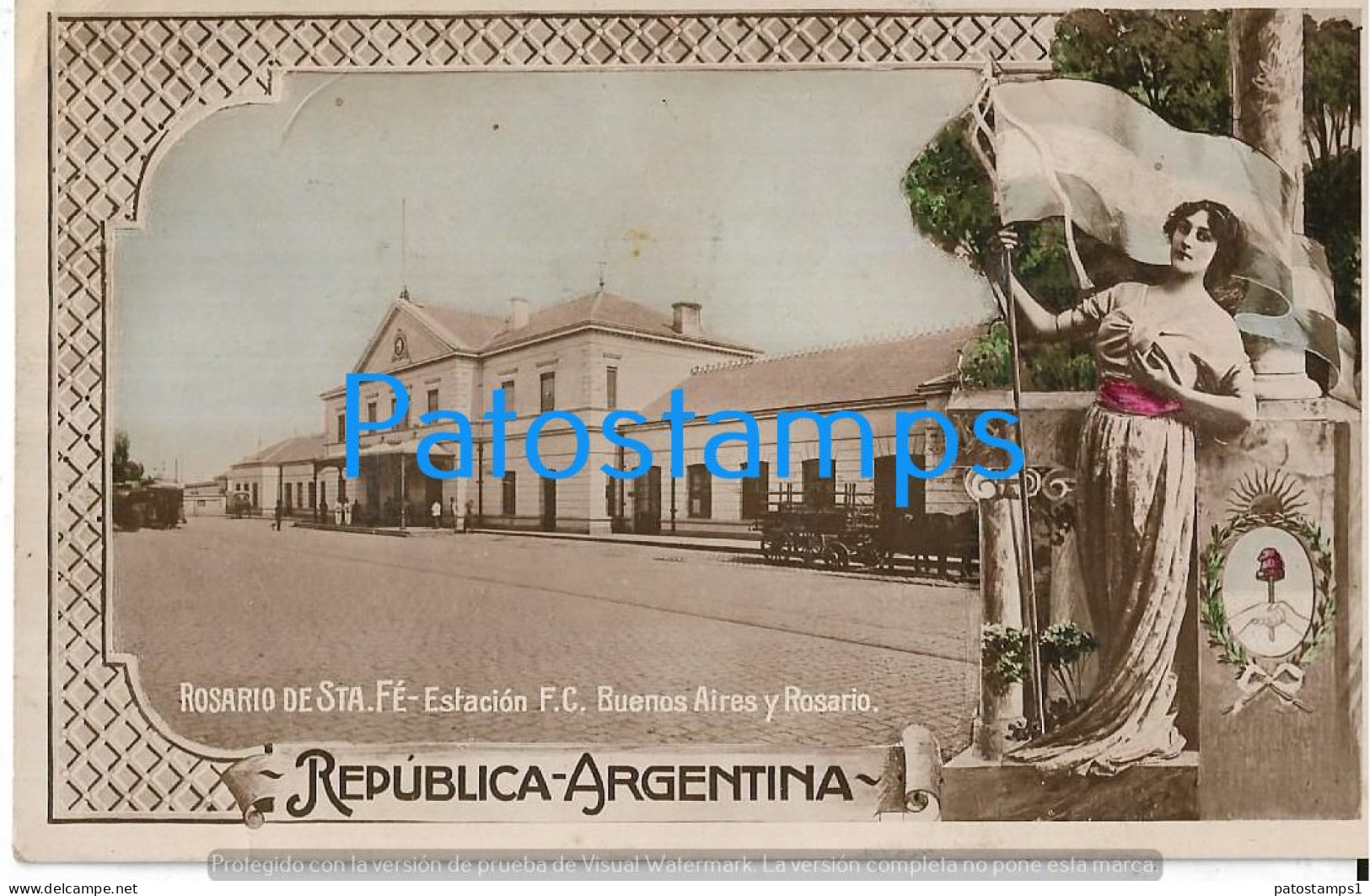 227510 ARGENTINA ROSARIO SANTA FE STATION TRAIN ESTACION DE TREN CENTENARY PATROTIC FLAG HERALDRY POSTCARD - Argentina