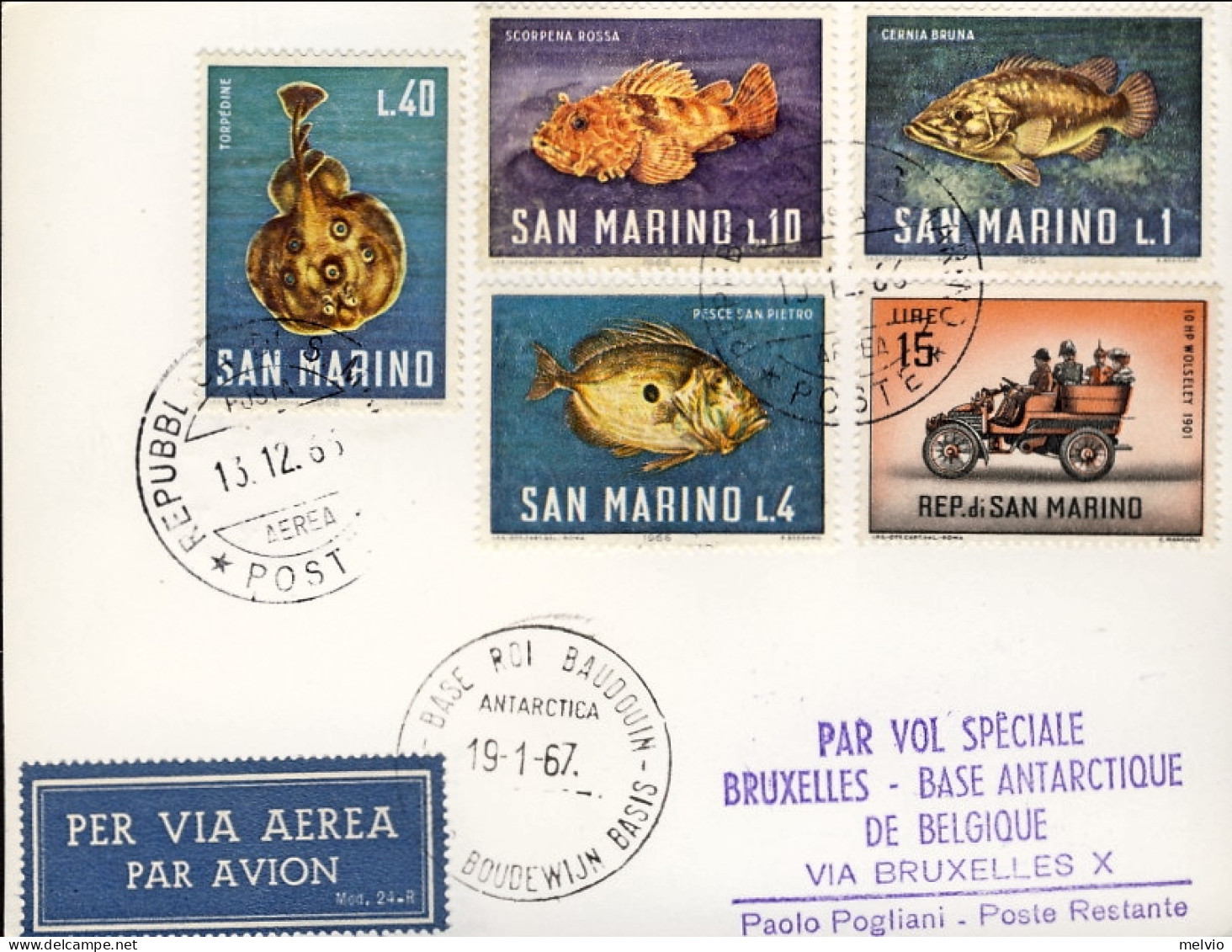San Marino-1966/67 Cartoncino Affr. Per Volo Speciale Bruxelles Base Antartique  - Corréo Aéreo