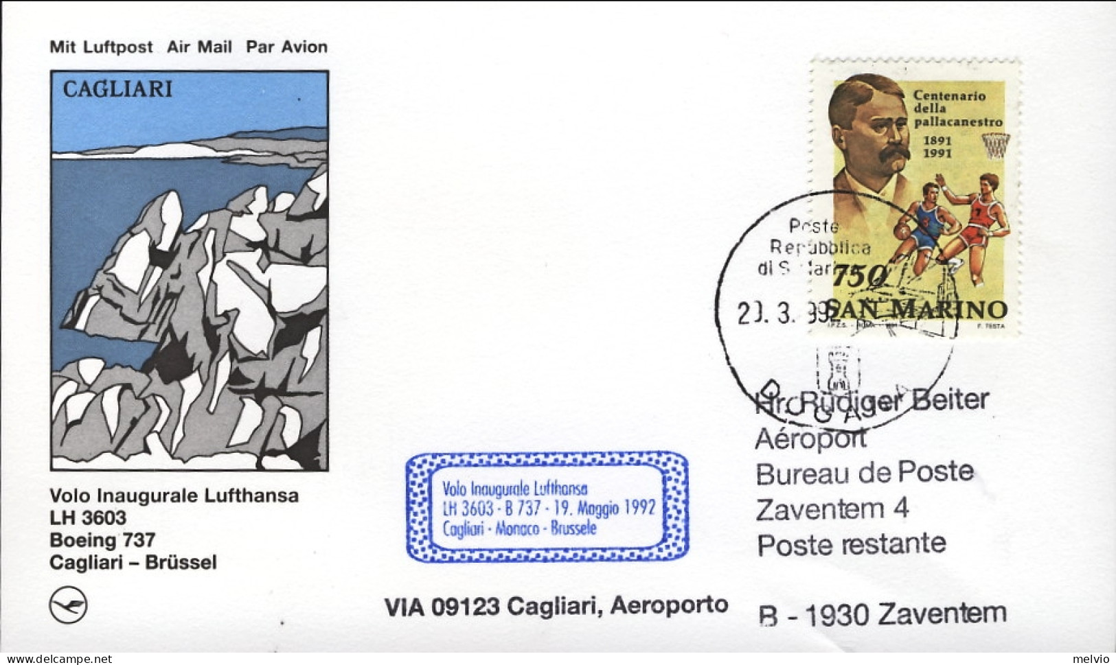 1992-San Marino Cartolina Illustrata Lufthansa I^volo LH 3603 Cagliari Bruxelles - Corréo Aéreo
