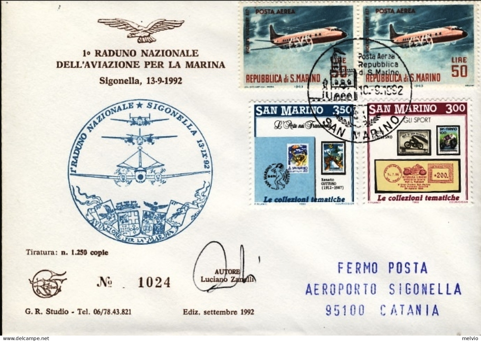 San Marino-1992 I Raduno Nazionale Dell'aviazione Per La Marina Sigonella - Corréo Aéreo