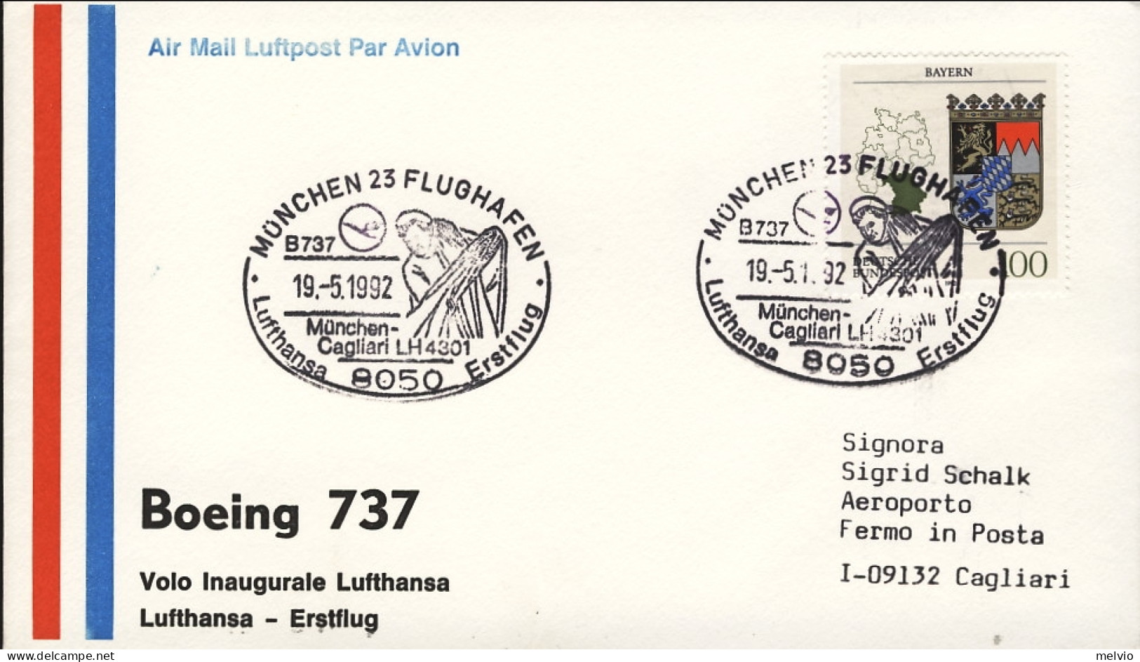 1992-Germania Lufthansa I^volo Boeing 737 Monaco Cagliari Del 19 Maggio - Brieven En Documenten