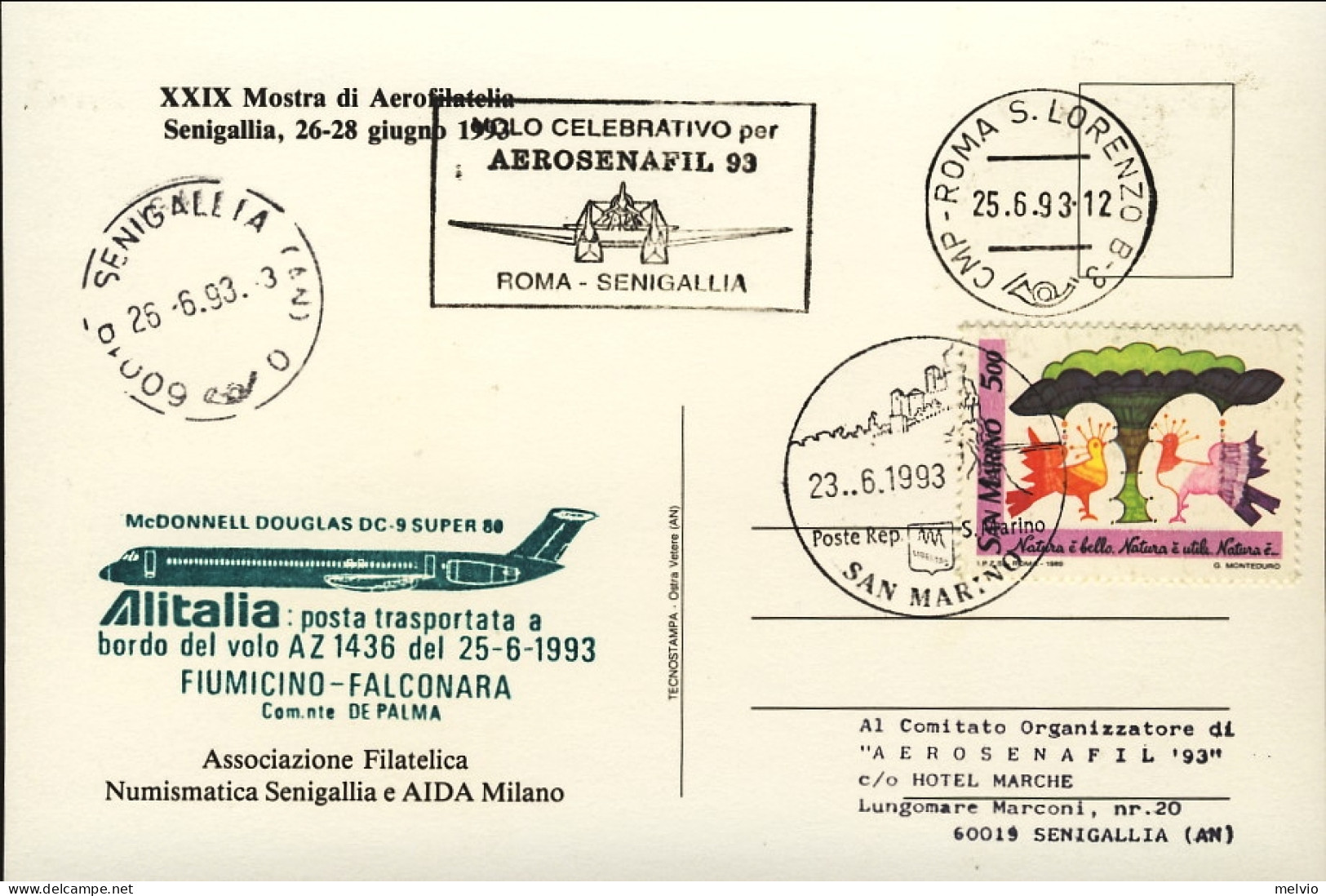 San Marino-1993 Cartolina Ricordo XXIX Mostra Di Aerofilatelia Senigallia Bollo  - Corréo Aéreo