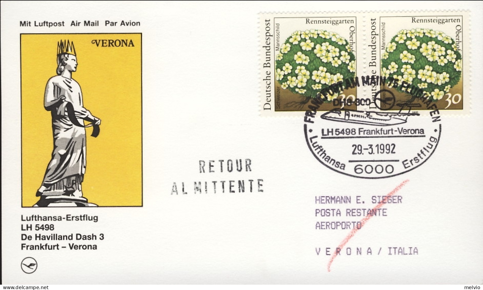 1992-Germania Lufthansa I^volo Boeing 737 Francoforte Verona - Storia Postale