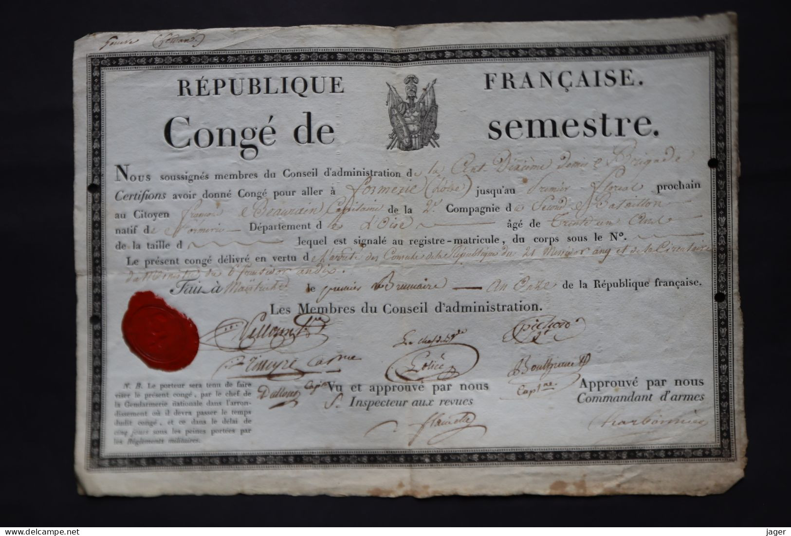 An 11  Congé  Du 110 1/2 Brigade  Capitaine BEAURAIN    Autographes Général De La Révolution    Lot 3 - Historische Dokumente