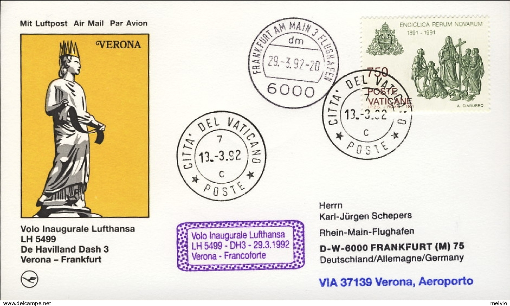 Vaticano-1992  Lufthansa I^volo Boeing 737 Verona Francoforte - Poste Aérienne