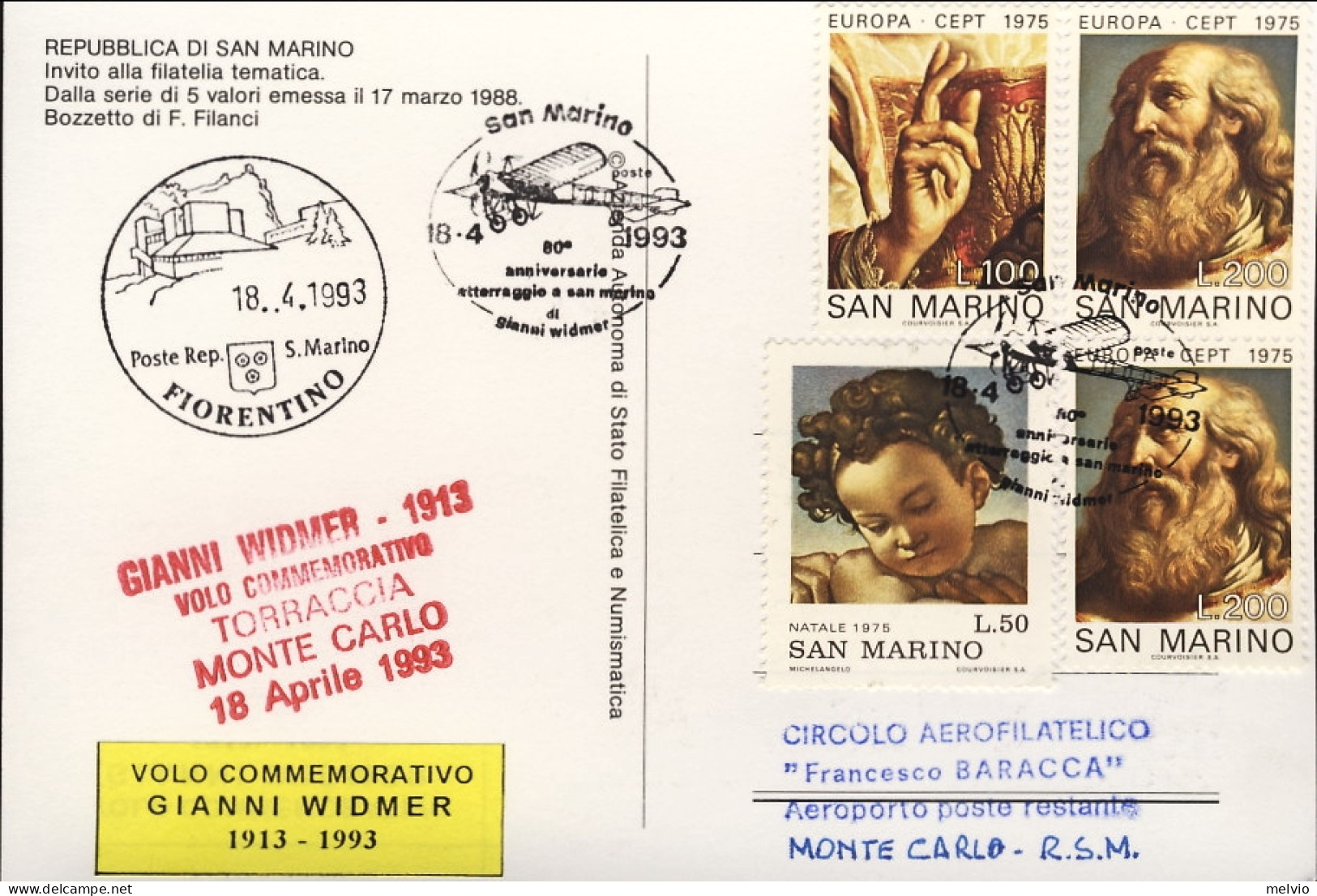 San Marino-1993 Volo Commemorativo Gianni Widmer 80 Anniversario Atterraggio A S - Corréo Aéreo