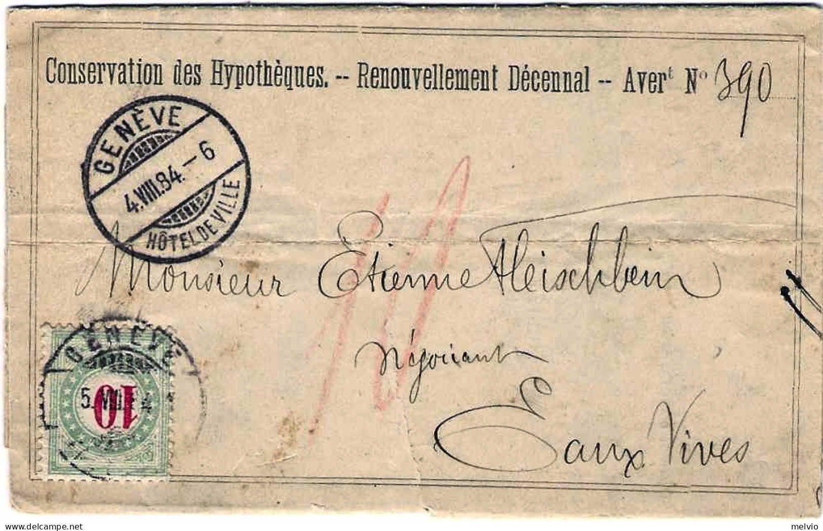 1884-Svizzera Foglio Della Conservatoria Delle Ipoteche Del Cantone Di Ginevra T - Autres & Non Classés
