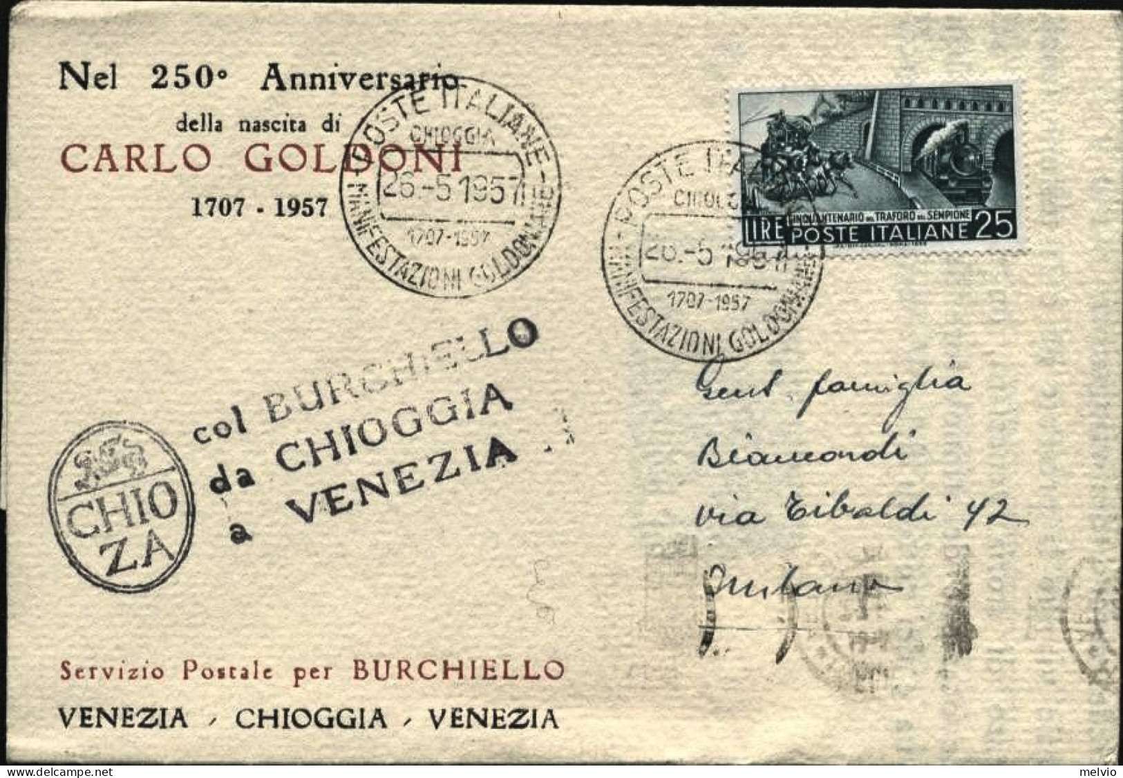 1957-raro Piego Viaggiato Emesso In Occasione Delle Manifestazioni Goldoniane Af - Manifestations