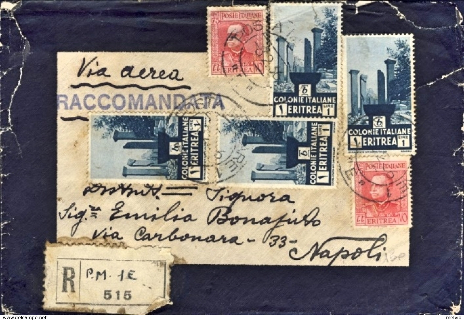 1936-Eritrea Raccomandata Da PM 1E Affrancato Due 75c.V.E.III+cinque L.1 Rovine  - Eritrea