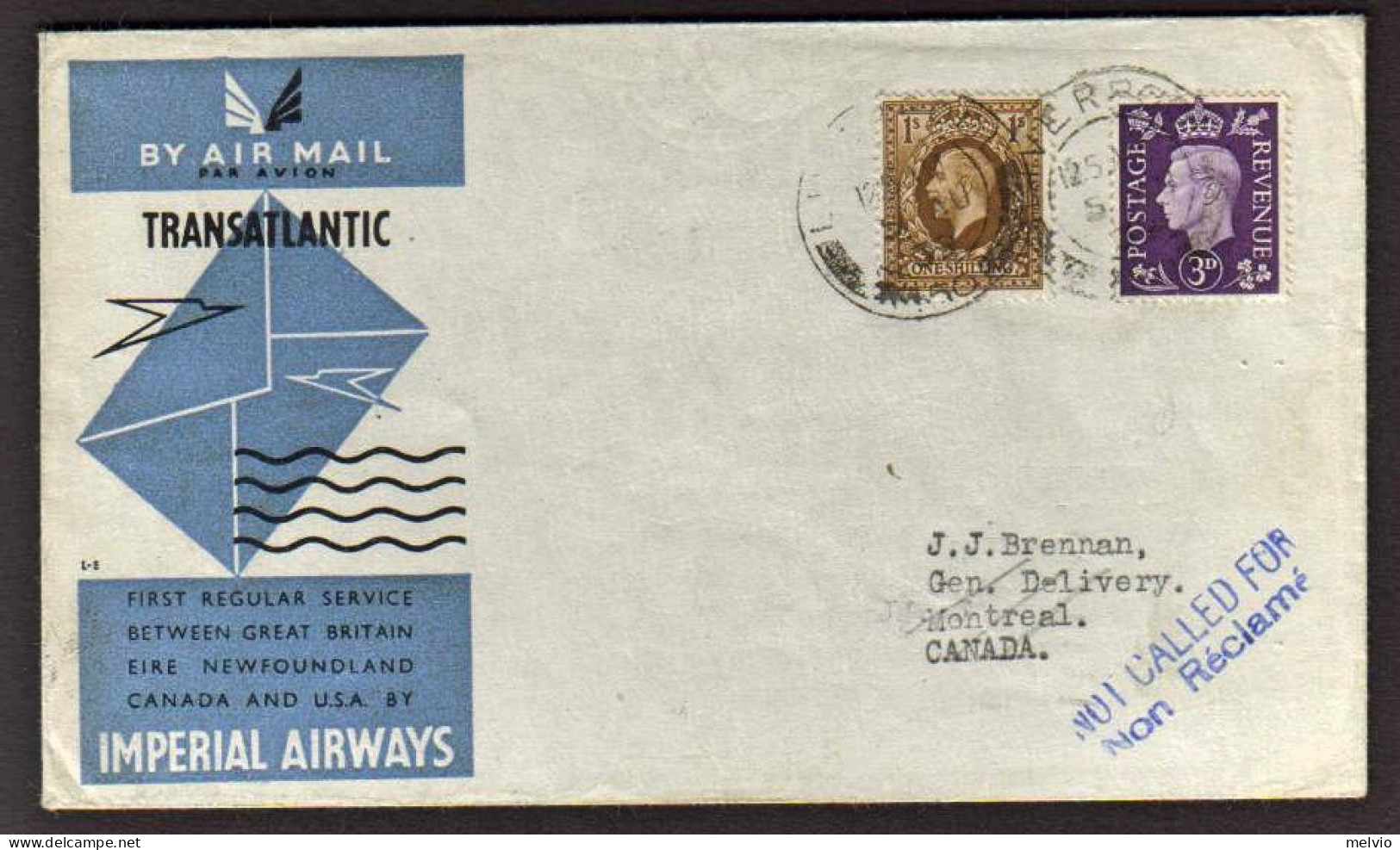 1939-Gran Bretagna Affr. 1sh.GiorgioV+3d.Giorgio VI (due Re!) I Servizio Aereo T - Storia Postale