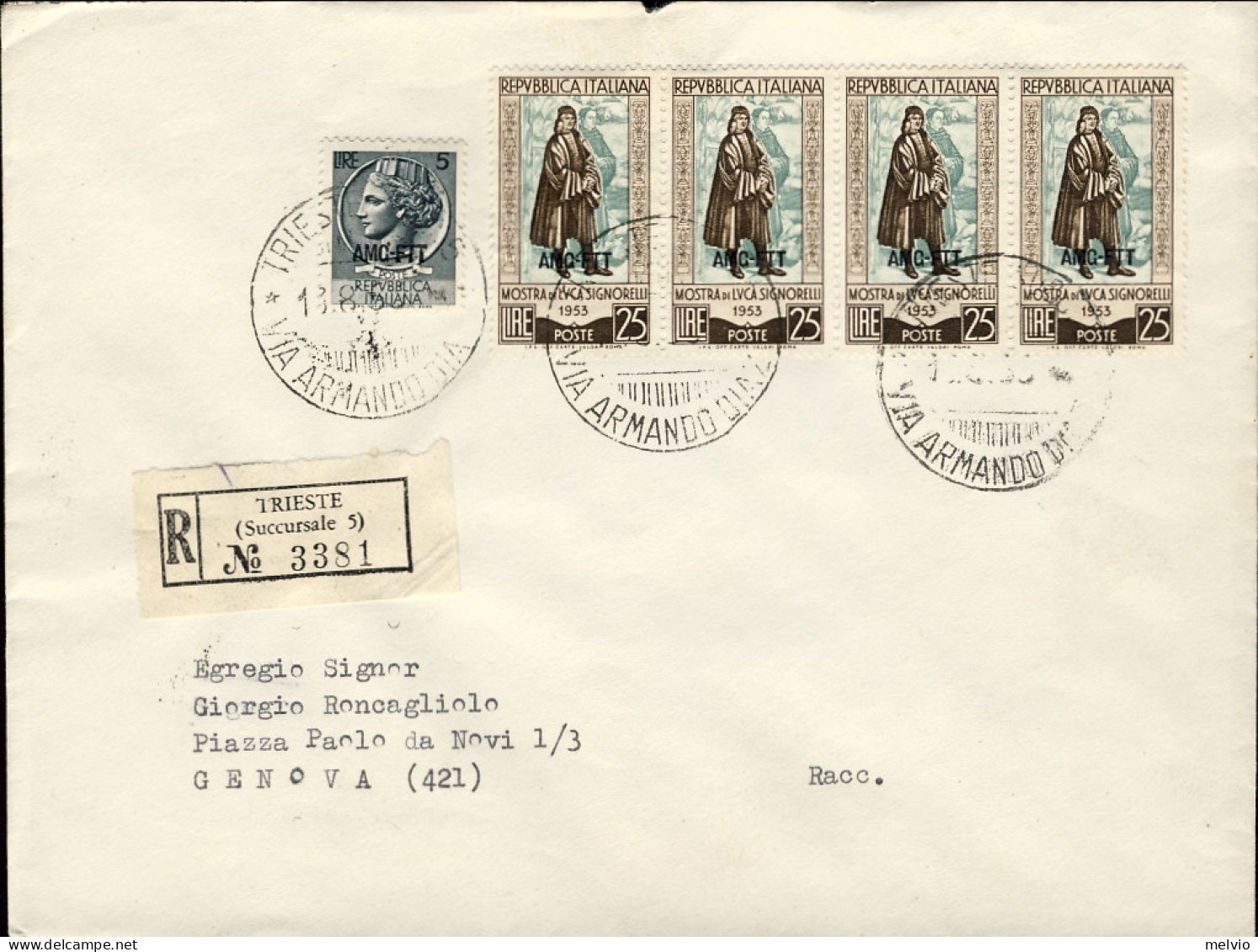 1953-Trieste A Lettera Racc.in Perfetta Tariffa Per L.105 Affr. Quattro L.25 Luc - Marcophilia
