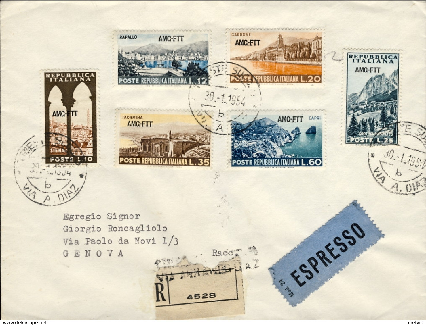 1954-Trieste A Raccomandata Espresso Affr. S.6v."Turistica"annullo Del 30 Gennai - Poststempel