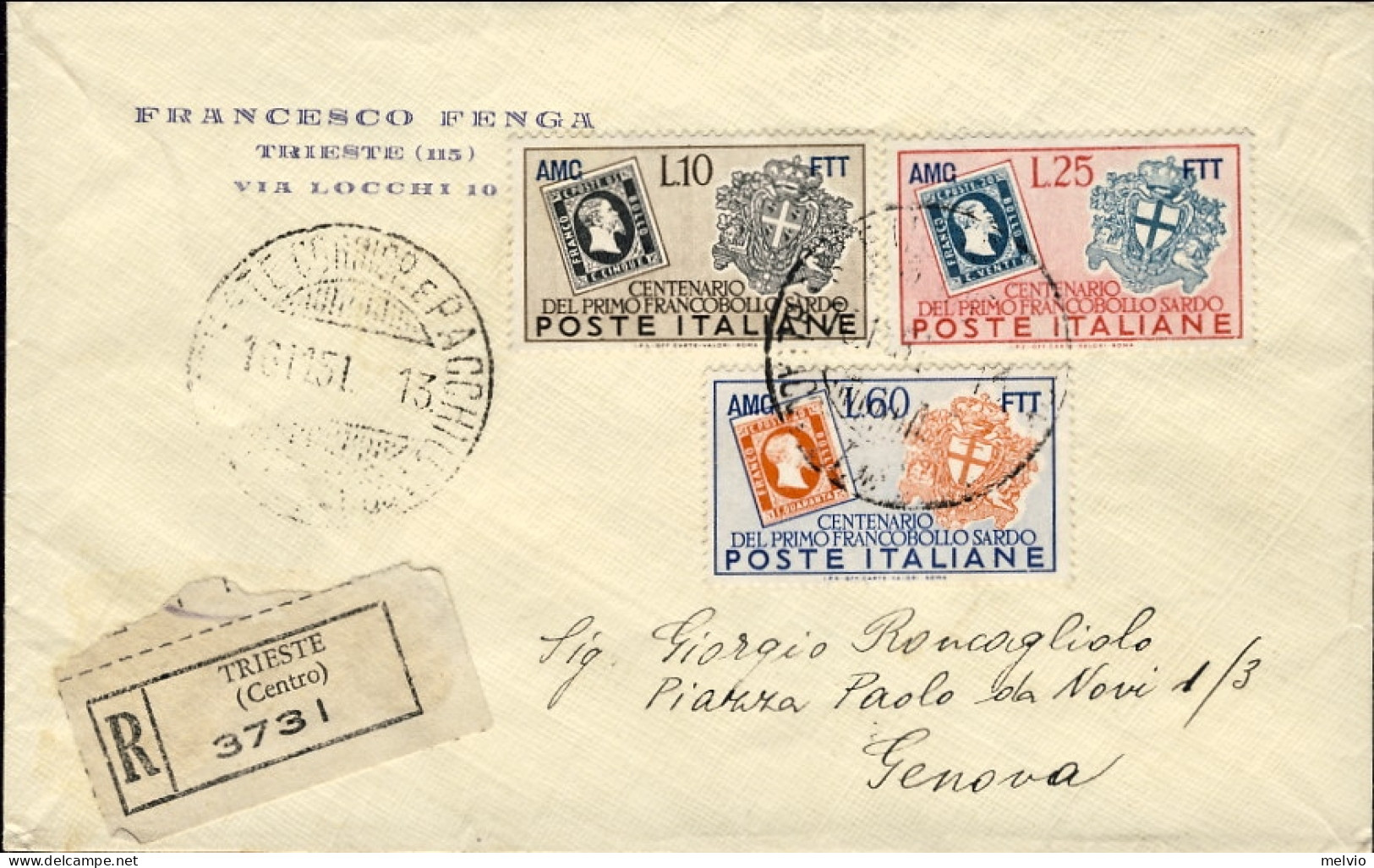 1951-Trieste A Busta Raccomandata Affr. S.3v."Centenario Del Primo Francobollo S - Poststempel