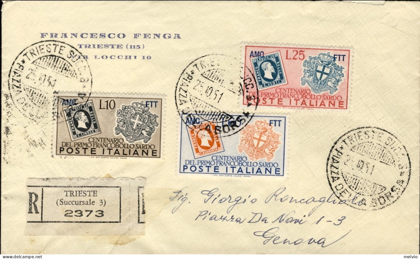 1951-Trieste A Busta Raccomandata Affr. S.3v."Centenario Del Primo Francobollo S - Marcophilie