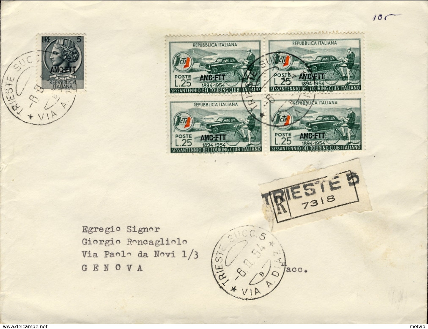 1954-Trieste A Lettera Raccomandata In Perfetta Tariffa Per L.105 Affr. L.5 Sira - Storia Postale
