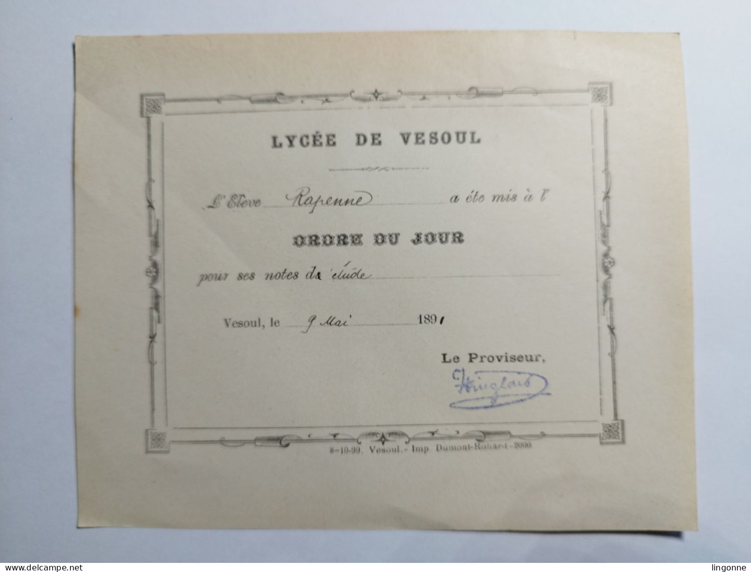 1891 ORDRE DU JOUR Lycée De VESOUL (Haute-Saône 70) élève RAPENNE - Diploma & School Reports
