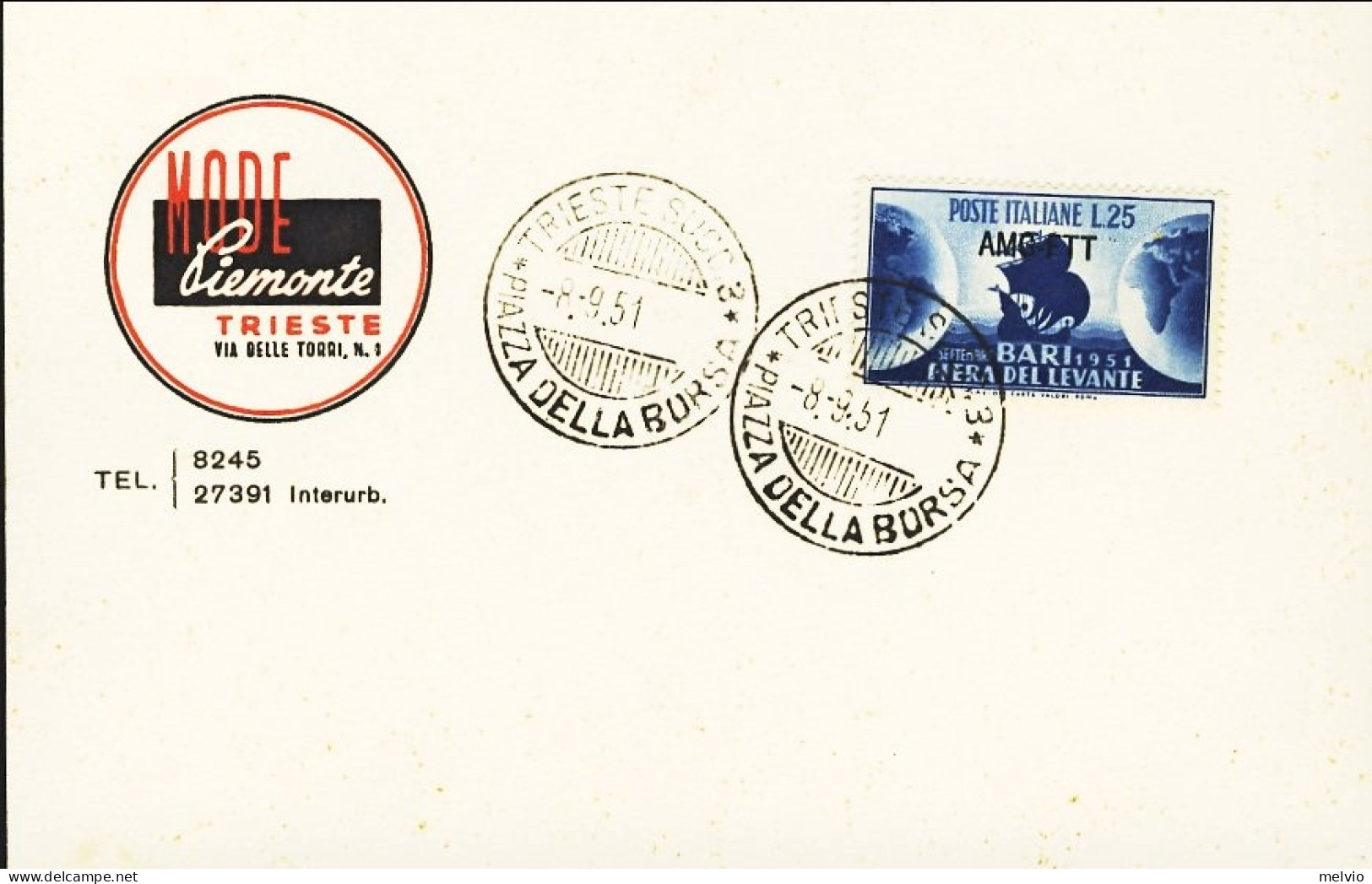 1951-Trieste A Cartolina Affrancata L.25 Fiera Del Levante Di Bari Con Annullo F - Poststempel