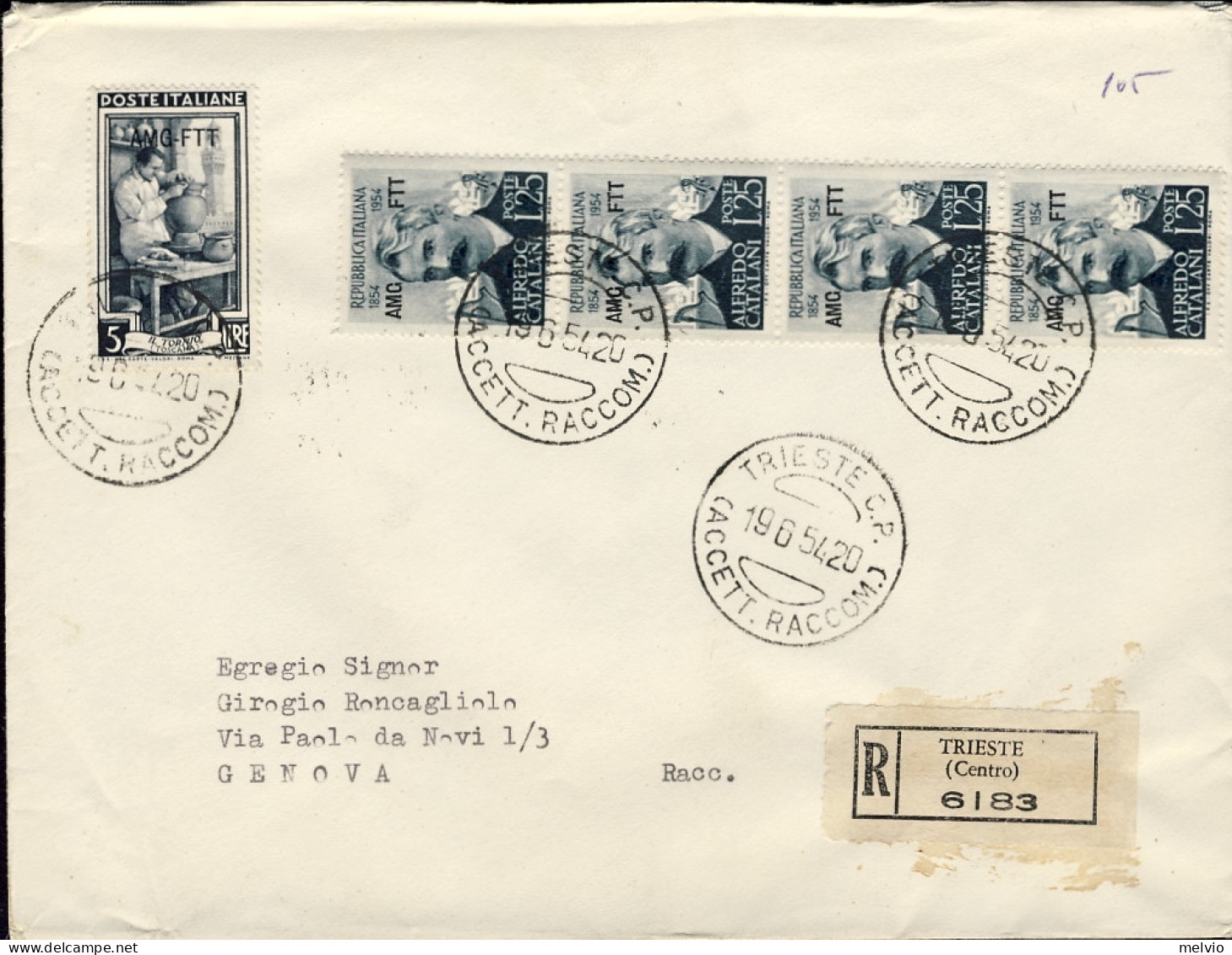 1954-Trieste A Racc. In Perfetta Tariffa L.105 Affr. Striscia Di Quattro L. 25 C - Poststempel