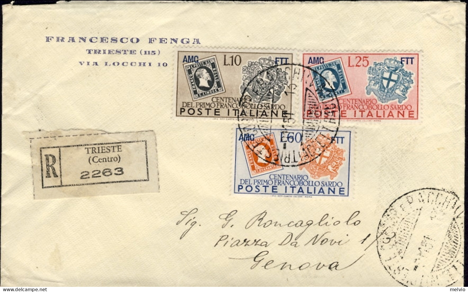 1952-Trieste A Lettera Racc.in Perfetta Tariffa Per L.105 Affr. S.3v."Centenario - Marcophilie