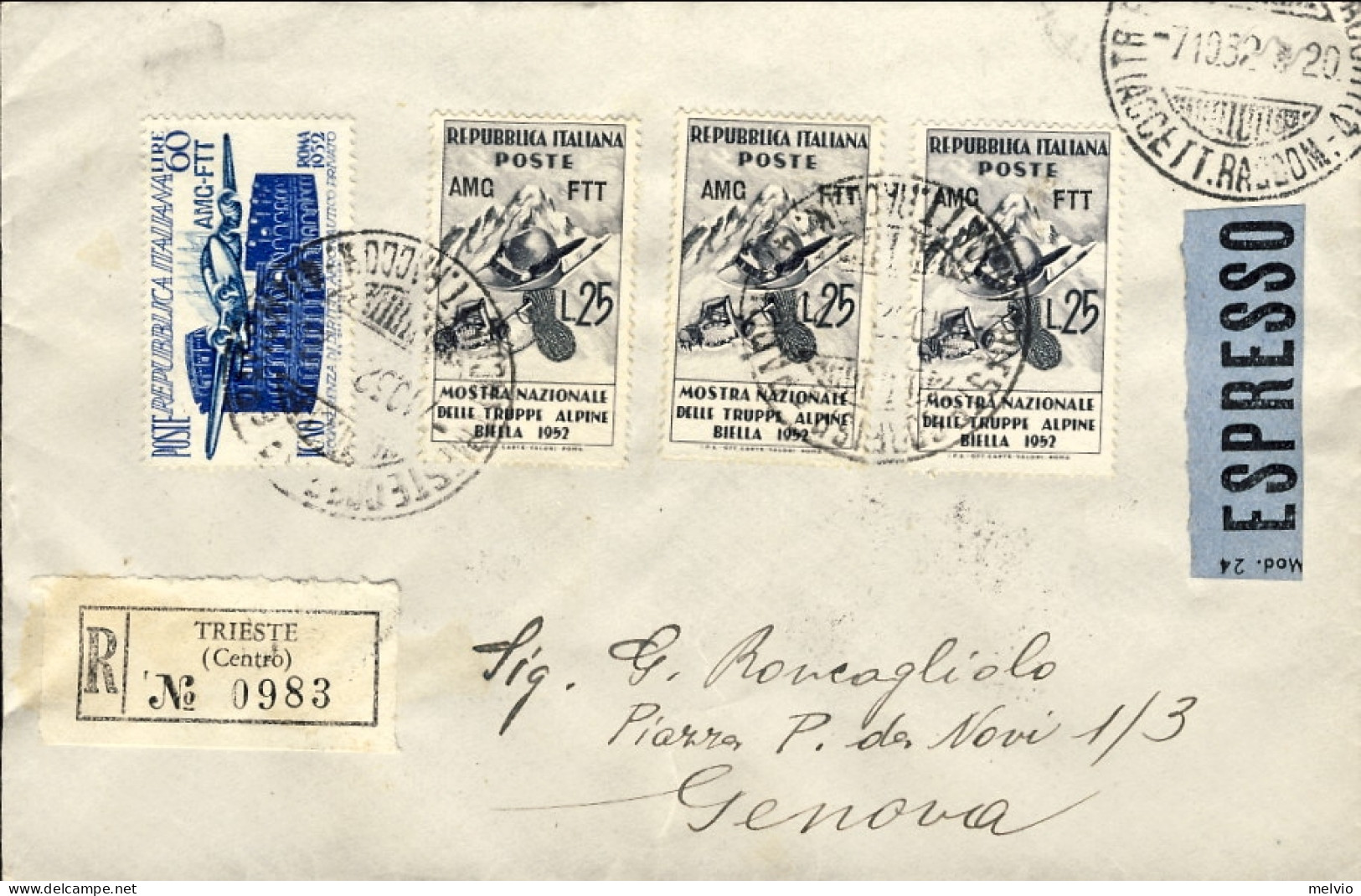 1952-Trieste A Lettera Racc.espresso In Perfetta Tariffa Per Lire 135 Affr. L.60 - Storia Postale