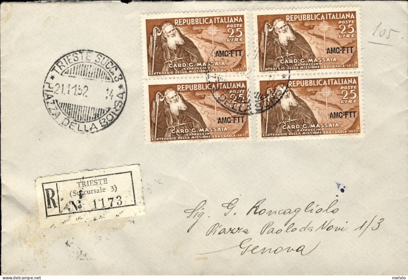 1952-Trieste A Lettera Racc. In Perfetta Tariffa Per L.105 Affr. Due Coppie L.25 - Storia Postale