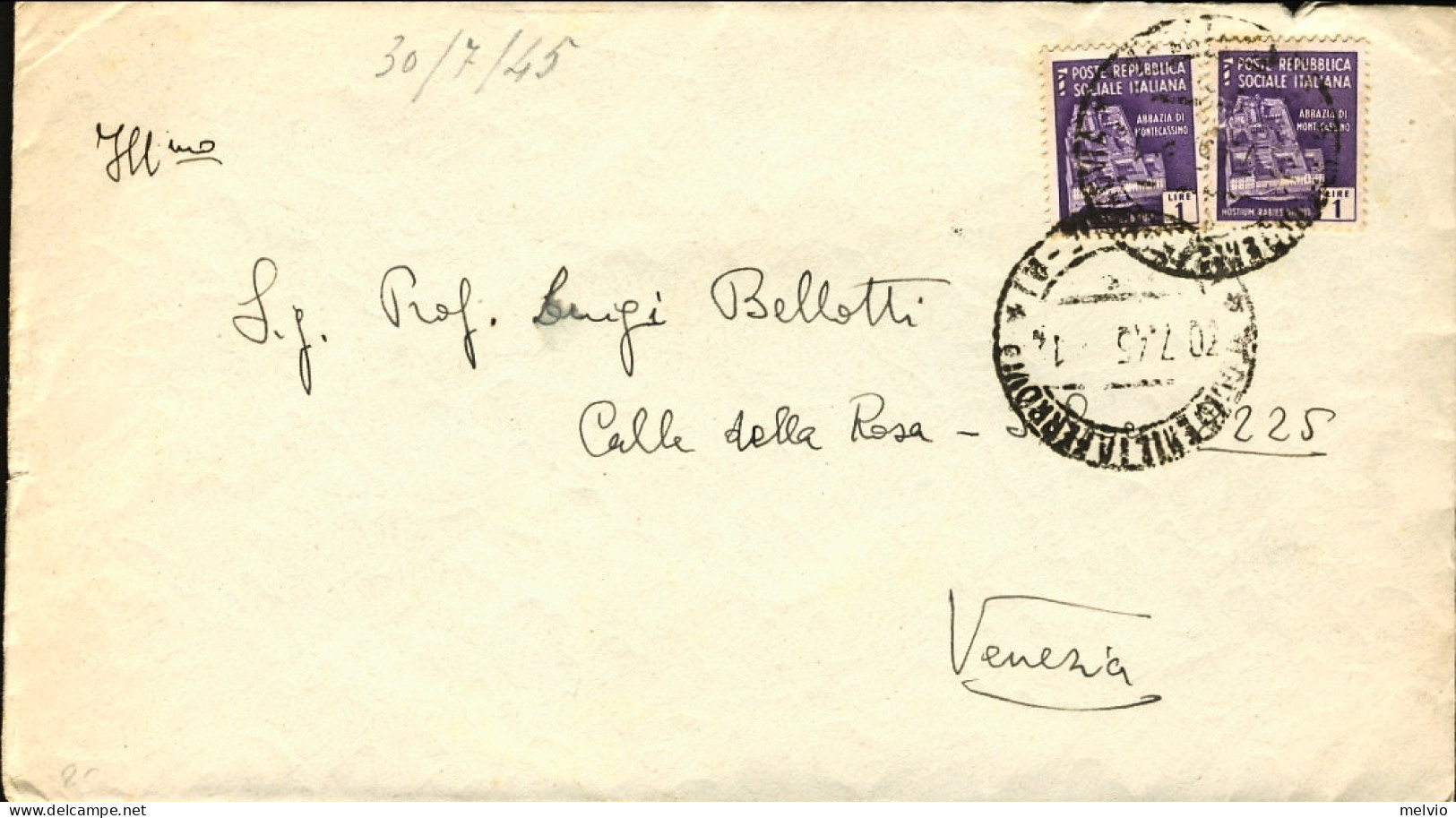 1945-Luogotenenza Busta Affrancata Con 2 Esemplari Del L.1 Abbazia Di Montecassi - Storia Postale