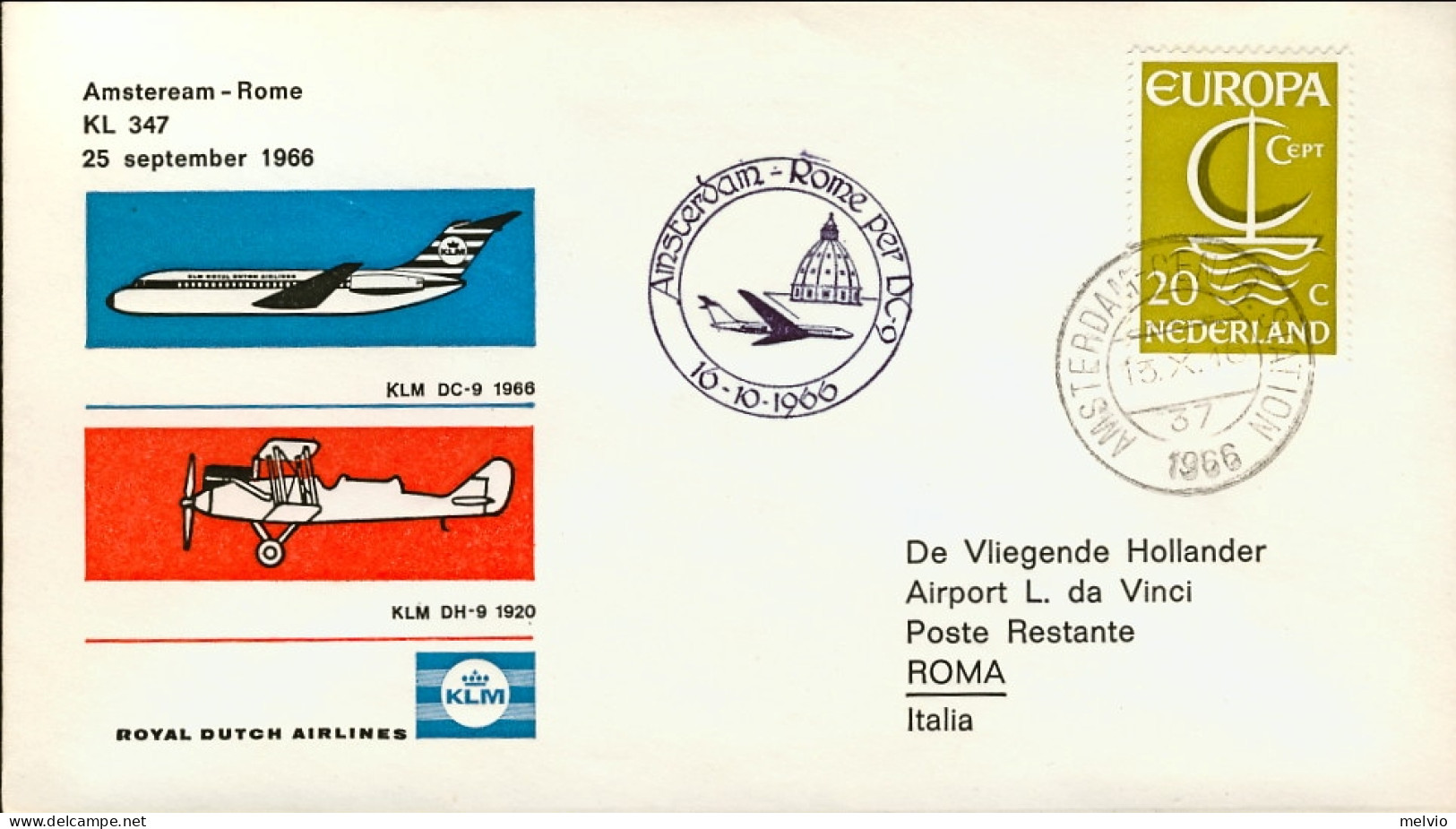 1966-Holland Nederland Olanda Aerogr. I^volo KLM DC9 Amsterdam Roma Del 16 Ottob - Poste Aérienne