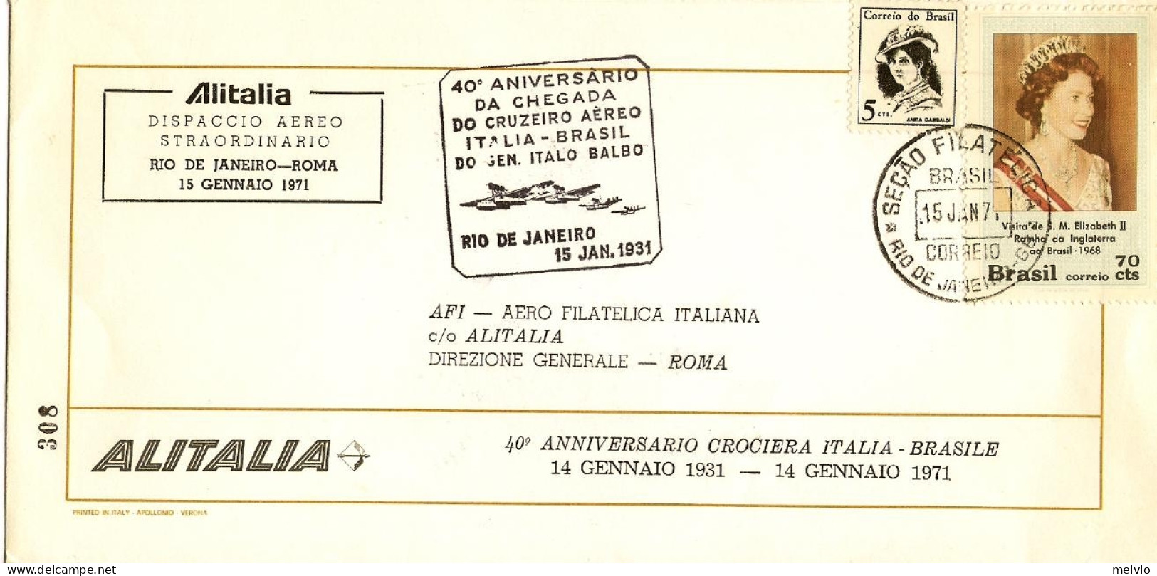 1971-Brasile Alitalia Dispaccio Aereo Straordinario Rio De Janeiro Roma Del 15 G - Luftpost