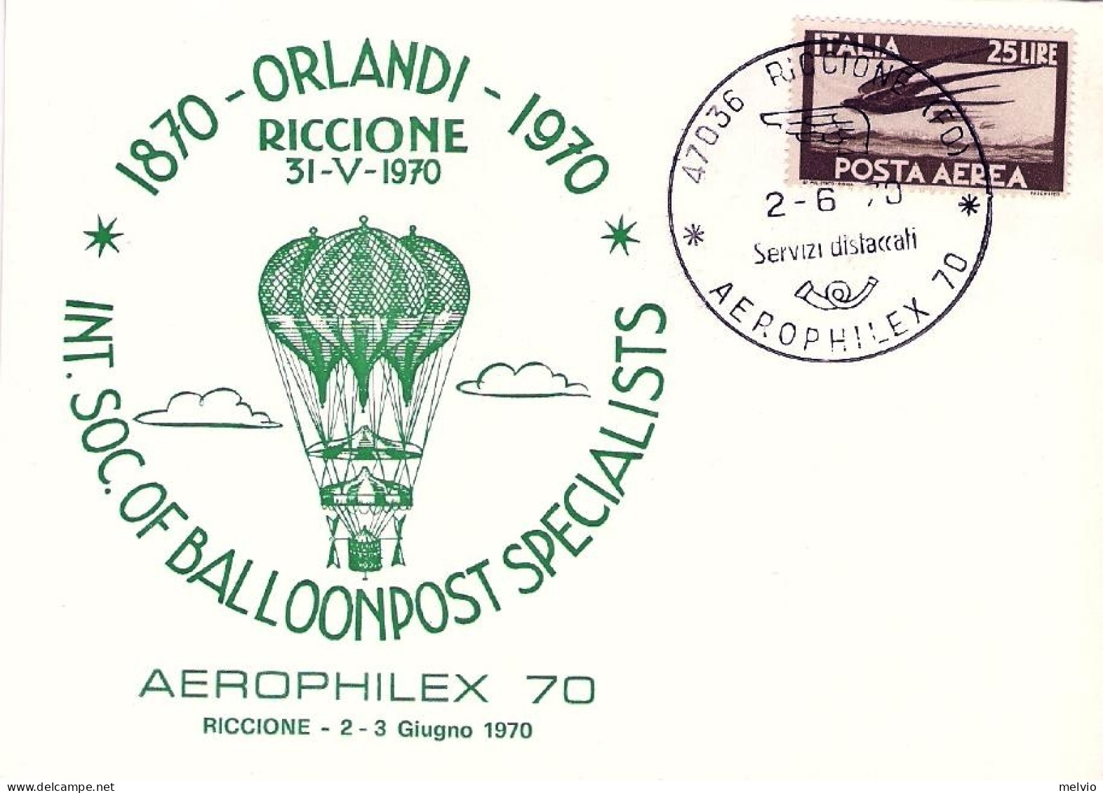 1970-Riccione Cartolina Illustrata A Cura Del CIFS Int.Soc.Ballonpost Specialist - 1961-70: Poststempel