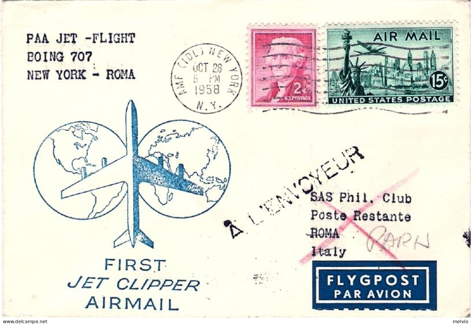 1958-U.S.A. Aerogr. Volo Speciale First Jet Clipper Airmail New York Parigi (Rom - Altri & Non Classificati