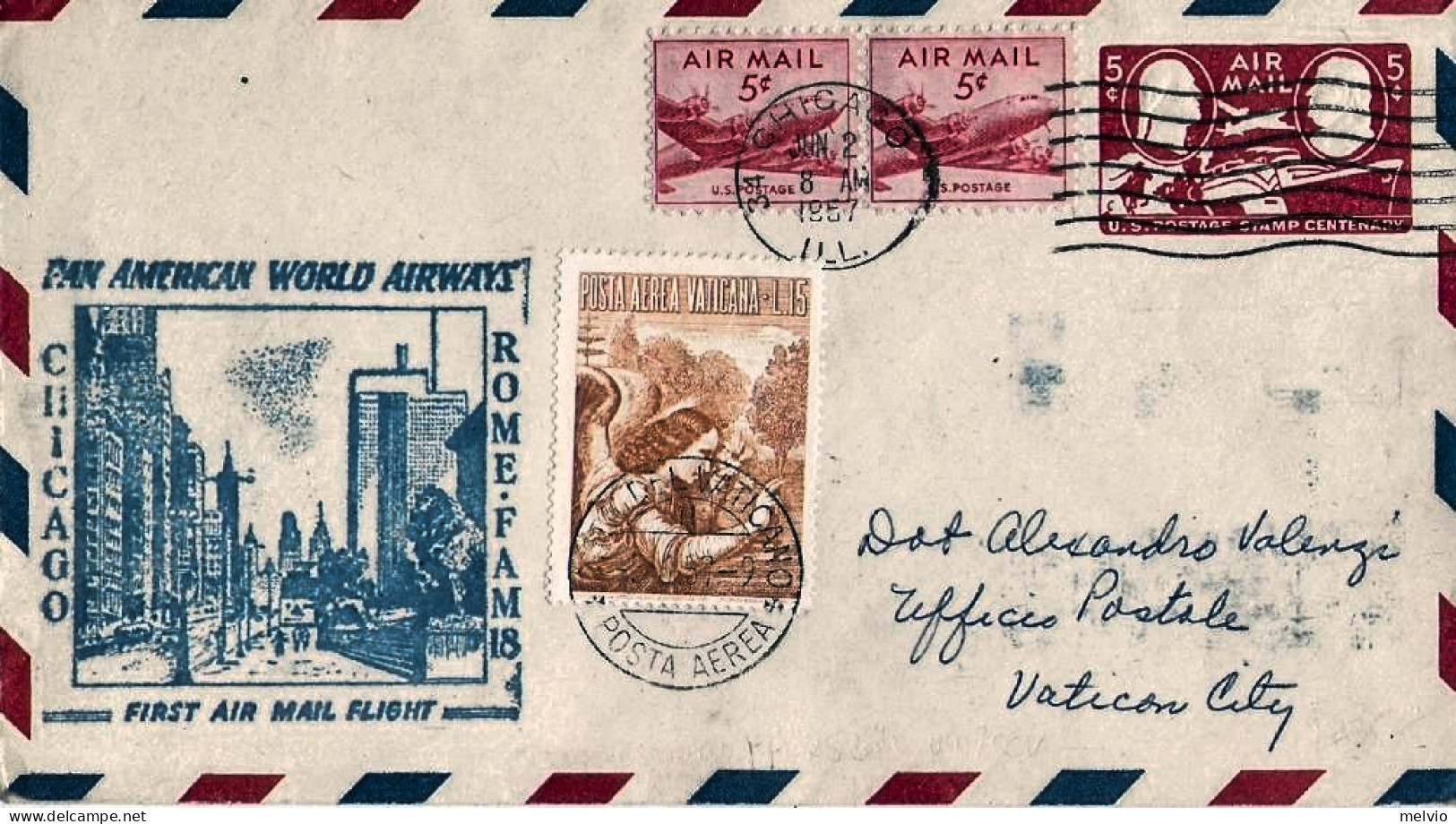 1957-U.S.A. Diretto In Vaticano I^volo Postale Pan Am Chicago Roma Del 2 Giugno, - Altri & Non Classificati