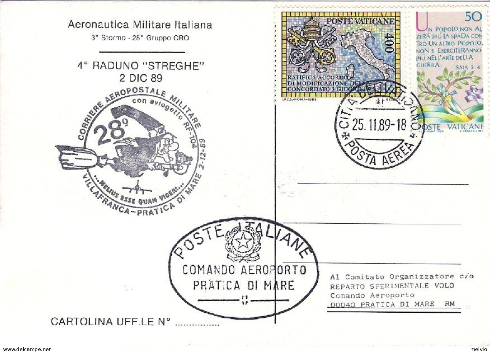 Vaticano-1989 Cartolina Dell'aeronautica Militare Italiana Corriere Aeropostale  - Poste Aérienne